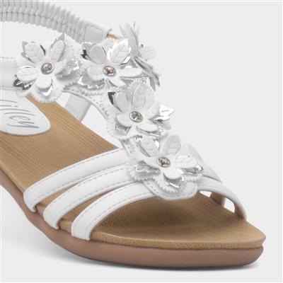 Girls White Diamante Flower Flat Sandal