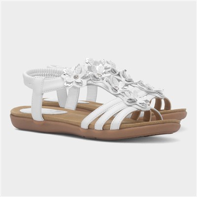 Girls White Diamante Flower Flat Sandal