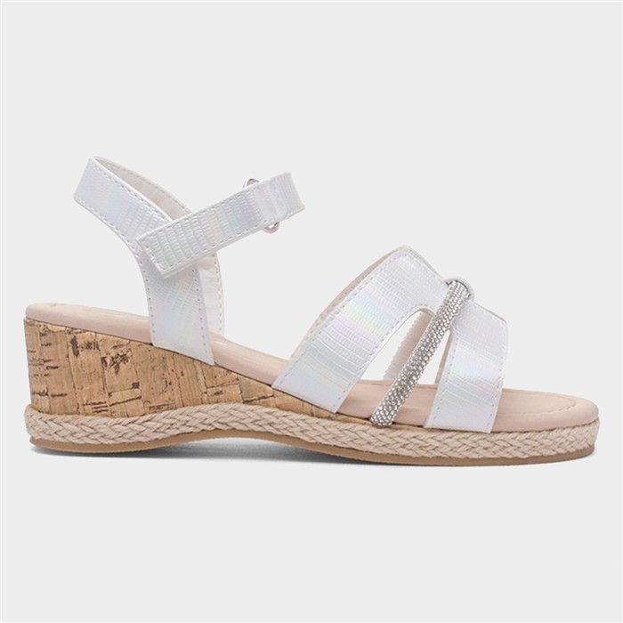 Girls White Diamante Cork Wedge Sandal