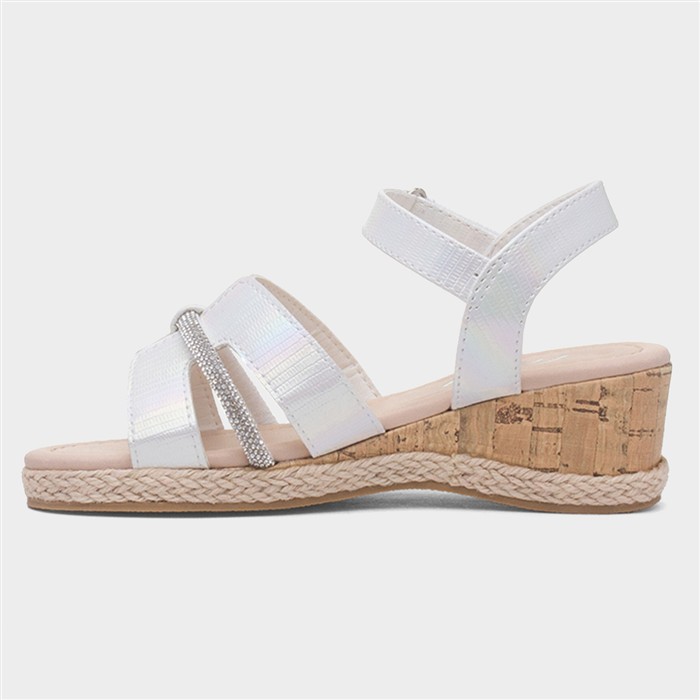 Girls White Diamante Cork Wedge Sandal