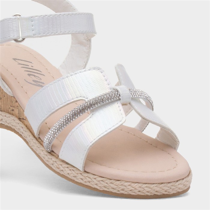 Girls White Diamante Cork Wedge Sandal