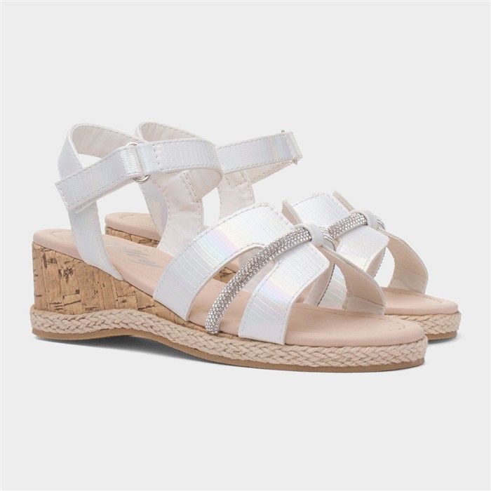 Girls White Diamante Cork Wedge Sandal