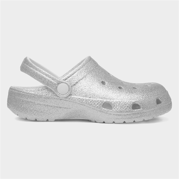 Girls Silver Glitter Slip On EVA Clog