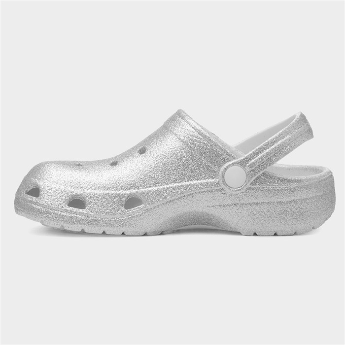 Girls Silver Glitter Slip On EVA Clog