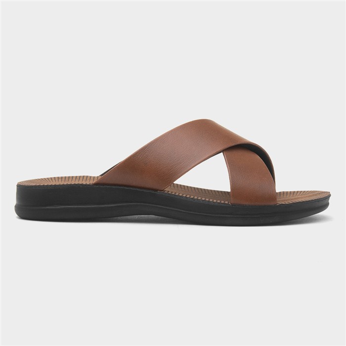 Mens Tan Crossover Strap Mule Sandal