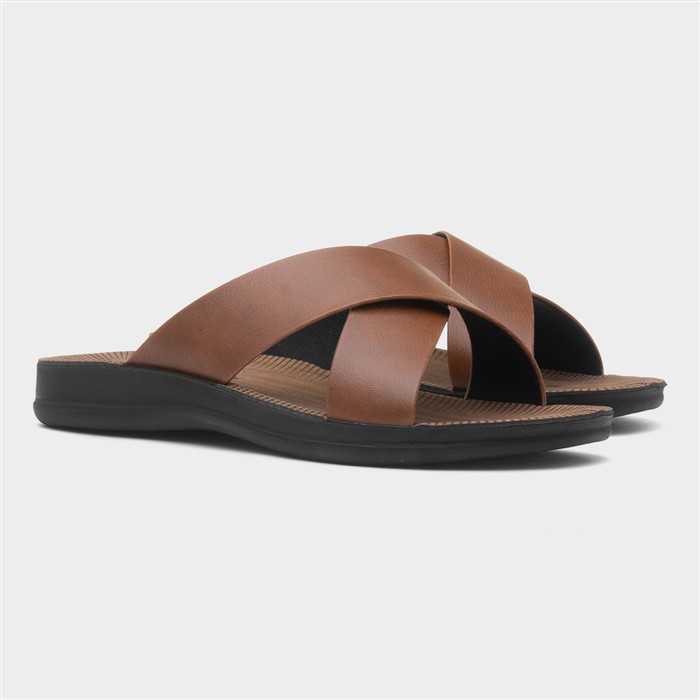 Mens Tan Crossover Strap Mule Sandal