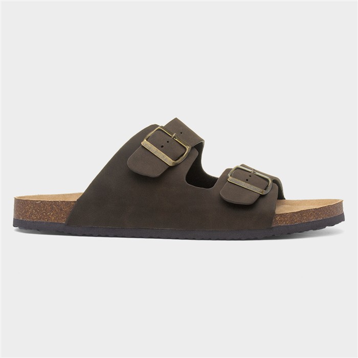 Mens Brown Double Buckle Mule Sandal