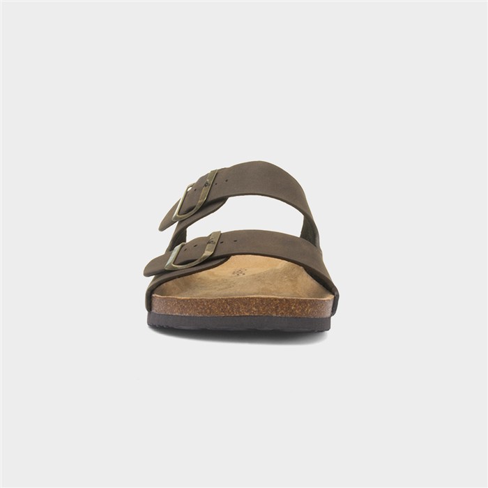 Mens Brown Double Buckle Mule Sandal