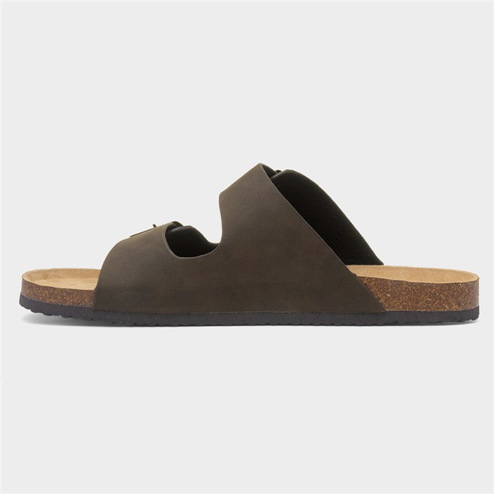 Mens Brown Double Buckle Mule Sandal