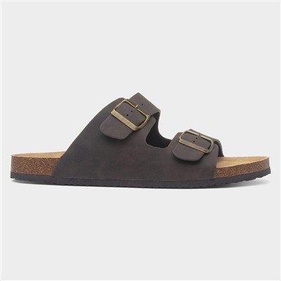Mens Brown Double Buckle Mule Sandal