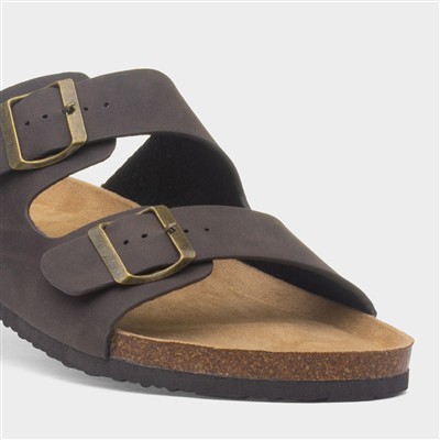 Mens Brown Double Buckle Mule Sandal