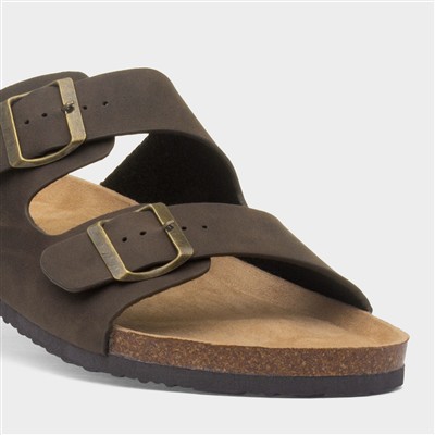 Mens Brown Double Buckle Mule Sandal