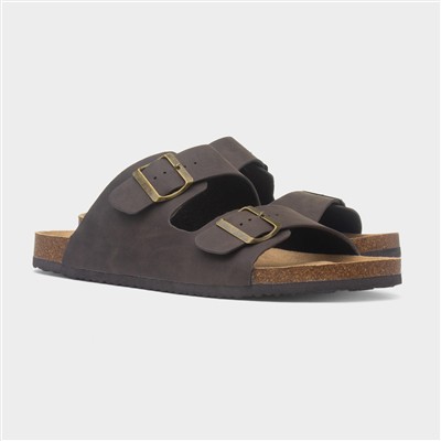 Mens Brown Double Buckle Mule Sandal