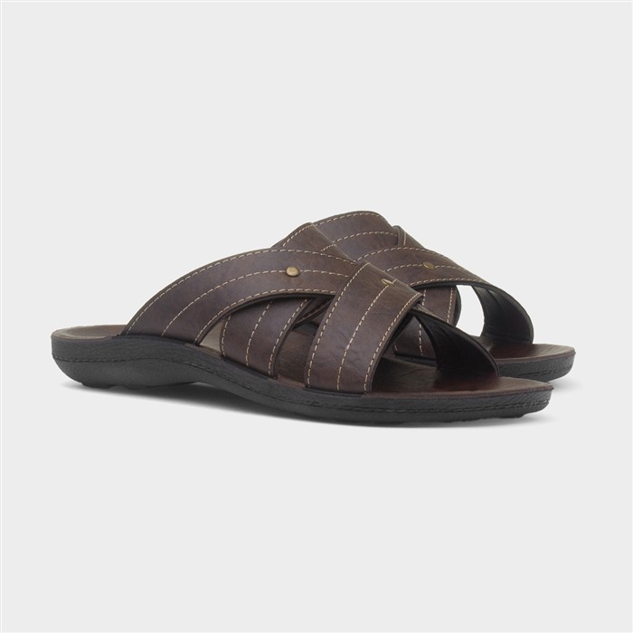 Mens Brown Cross Strap Mule Sandal