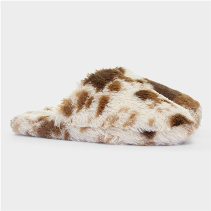 Womens Brown Cow-Print Slipper