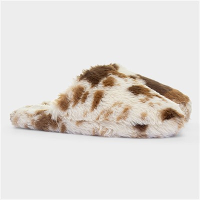 Womens Brown Cow-Print Slipper