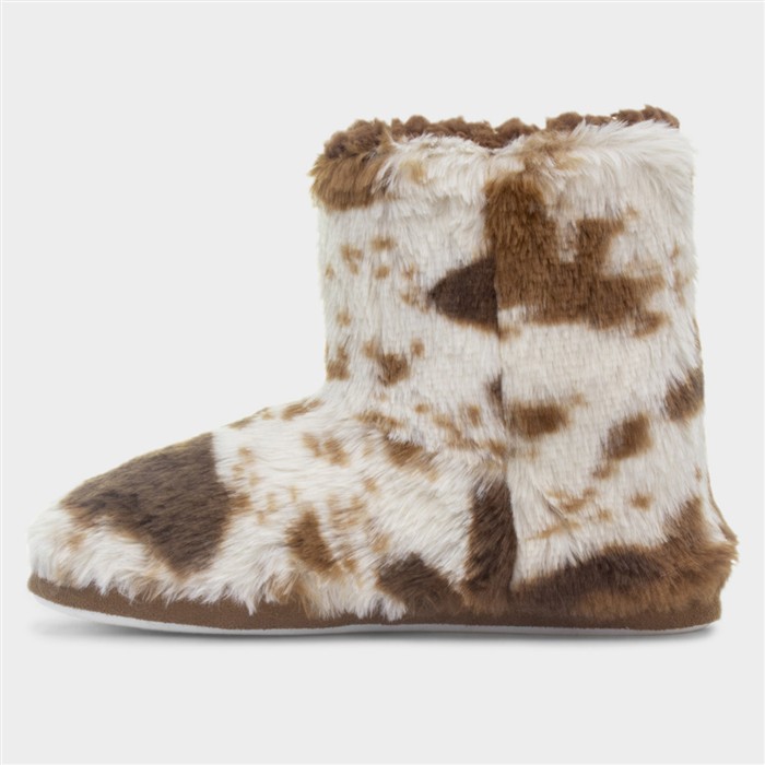 Womens Brown Cow Print Slipper