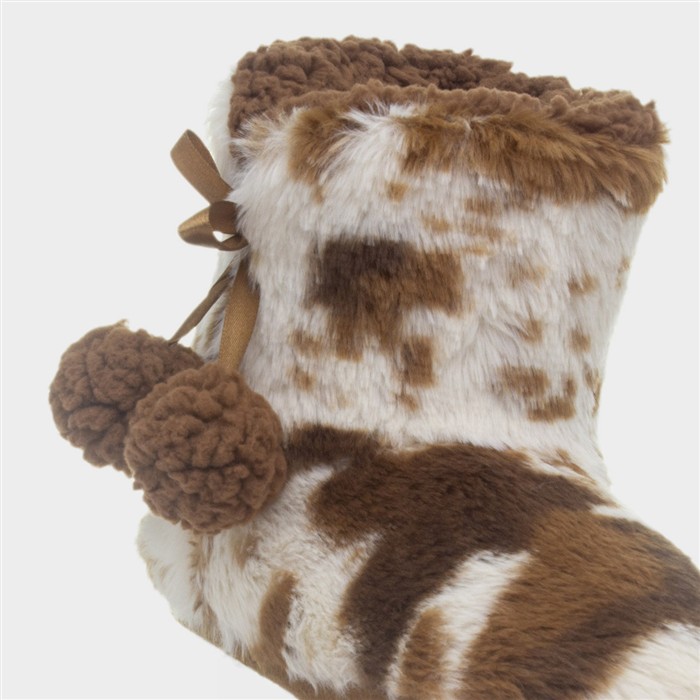 Womens Brown Cow Print Slipper