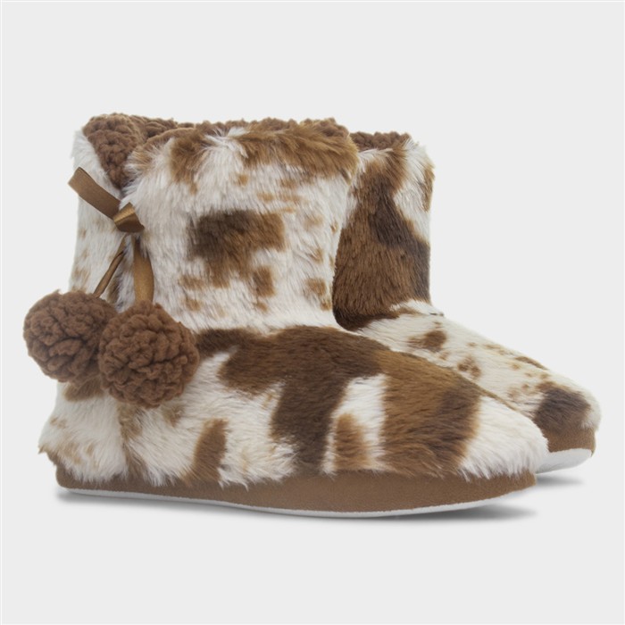 Womens Brown Cow Print Slipper