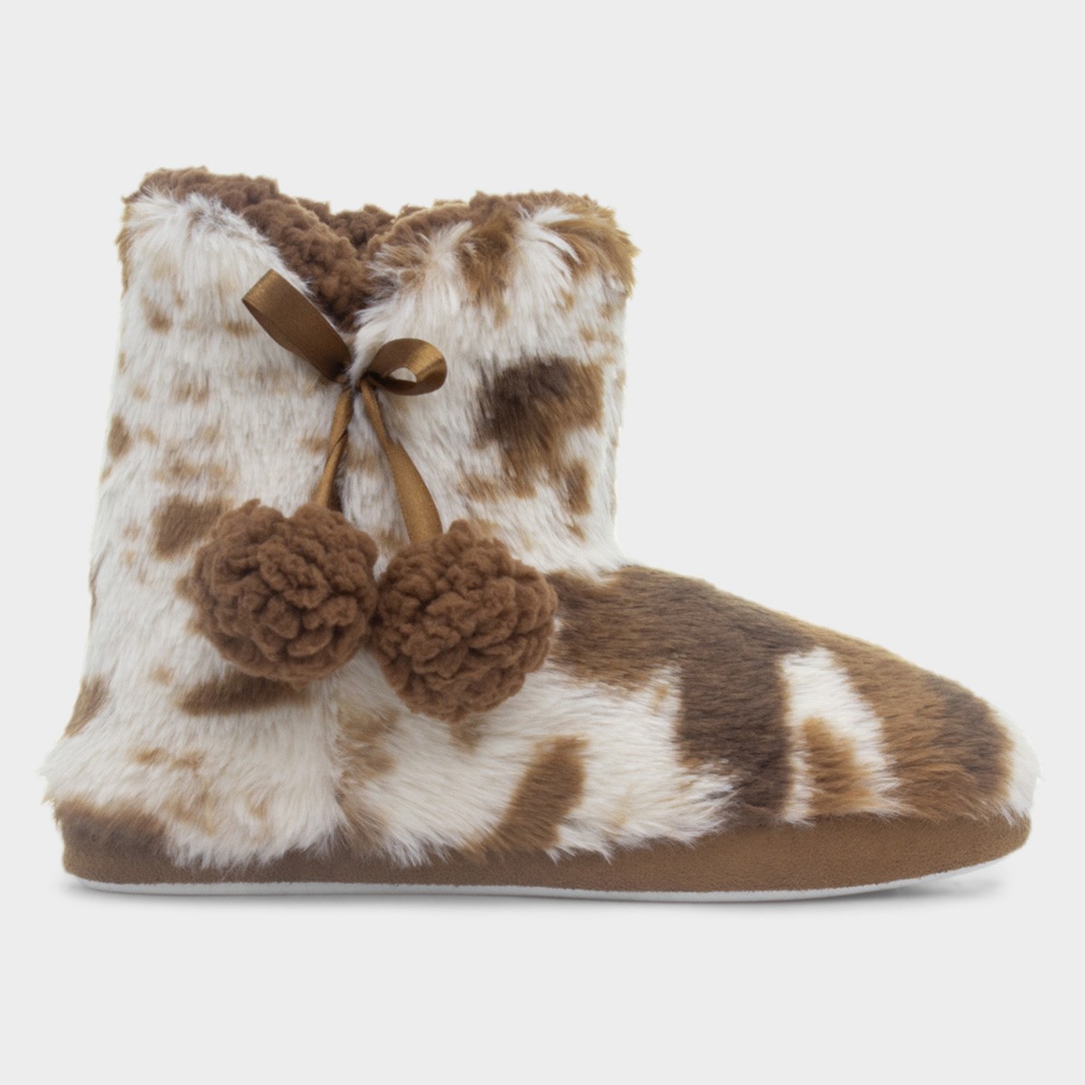 Womens Brown Cow Print Slipper