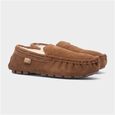 Mens Tan Moccasin Suede Slipper