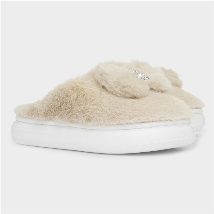 Libbie Girls Beige Mule Fluffy Slipper