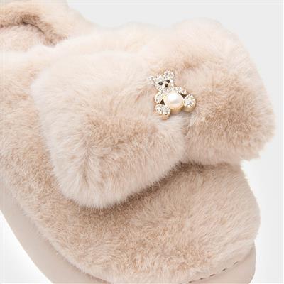 Womens Beige Teddy Bear Mule Slipper