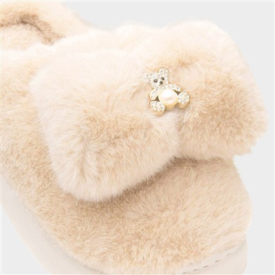 Womens Beige Teddy Bear Mule Slipper