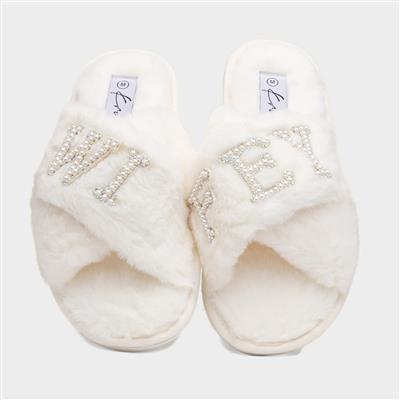 Wifey Womens Cream Fluffy Slipper