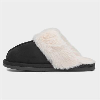 Womens Black Faux Fur Lined Mule Slipper