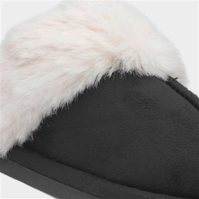 Womens Black Faux Fur Lined Mule Slipper