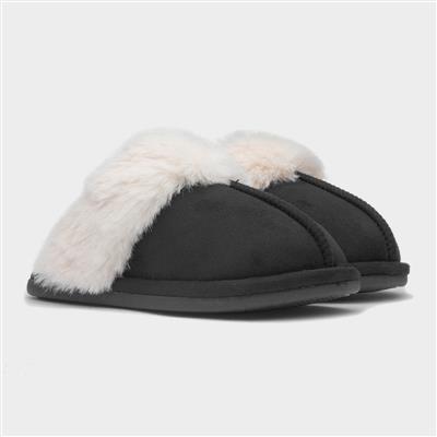 Womens Black Faux Fur Lined Mule Slipper