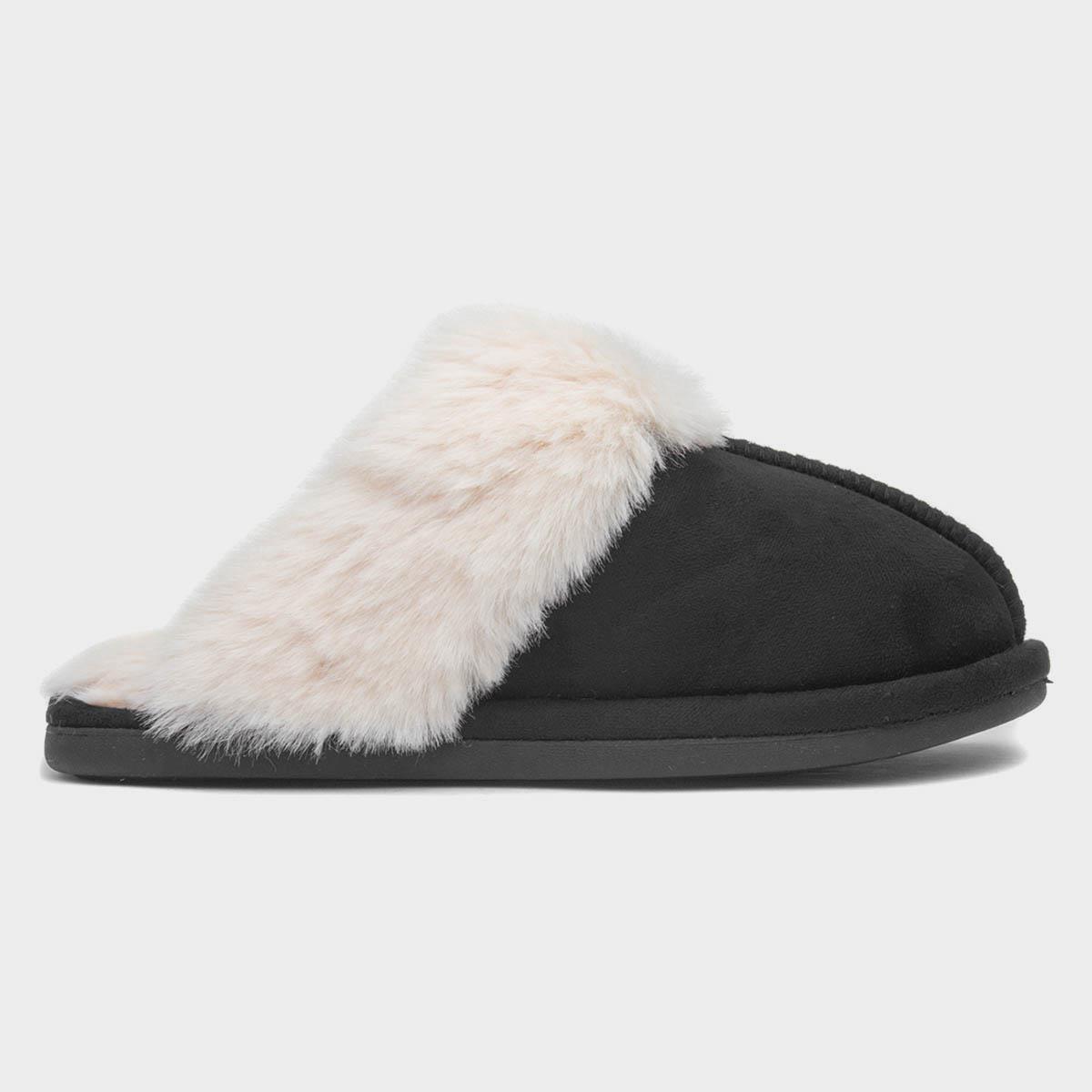 Womens Black Faux Fur Lined Mule Slipper