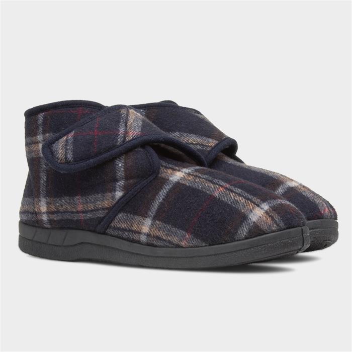 Cecil Mens Navy Tartan Slipper Boots