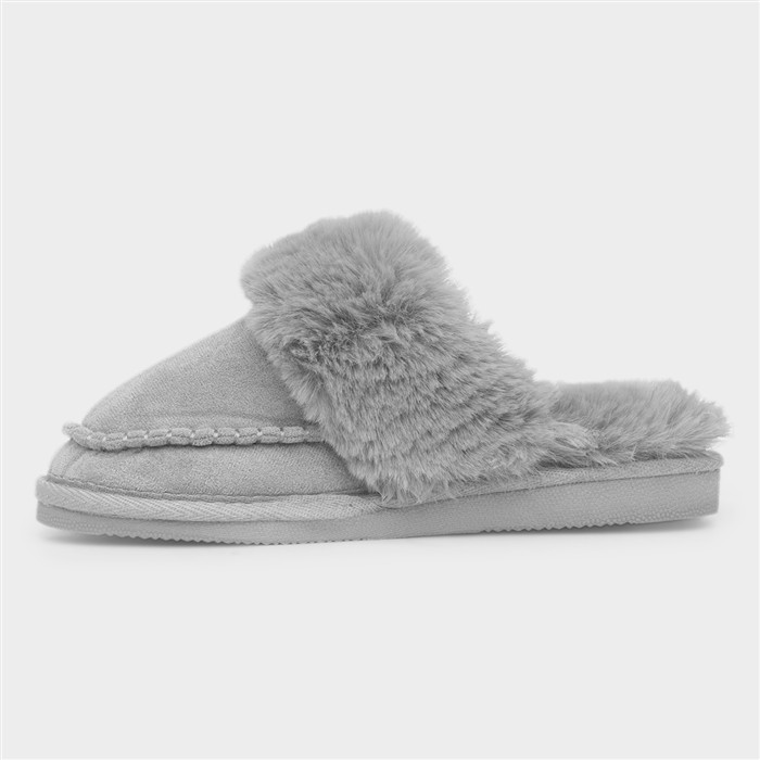 Lily Womens Grey Mule Faux Fur Slipper