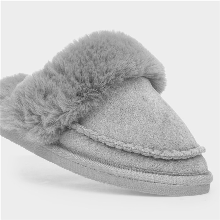 Lily Womens Grey Mule Faux Fur Slipper