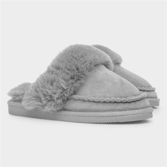Lily Womens Grey Mule Faux Fur Slipper