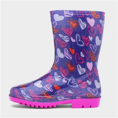 Sunny Girls Purple Love Hearts Welly