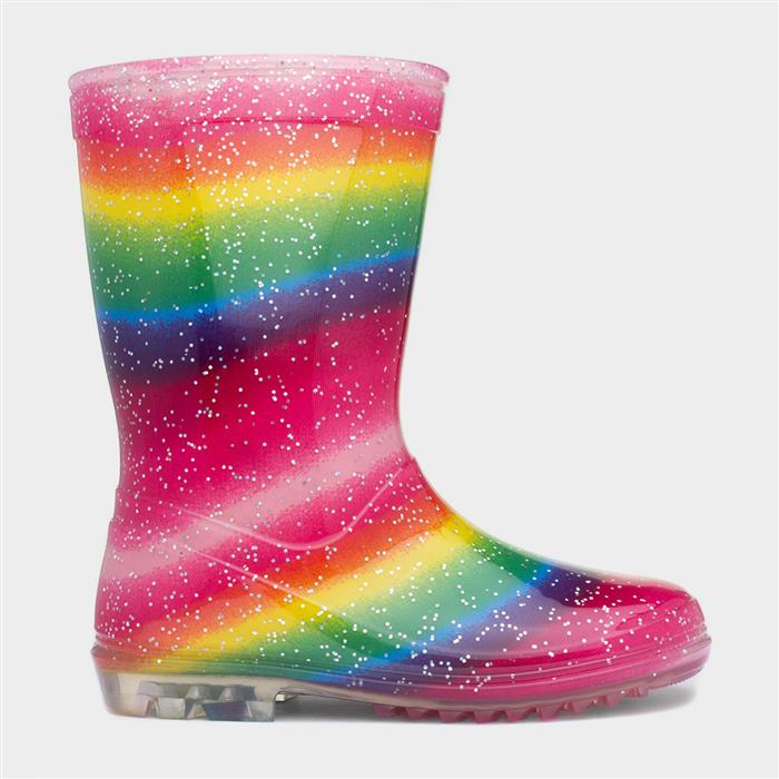 Girls Multi Rainbow Striped Glitter Welly