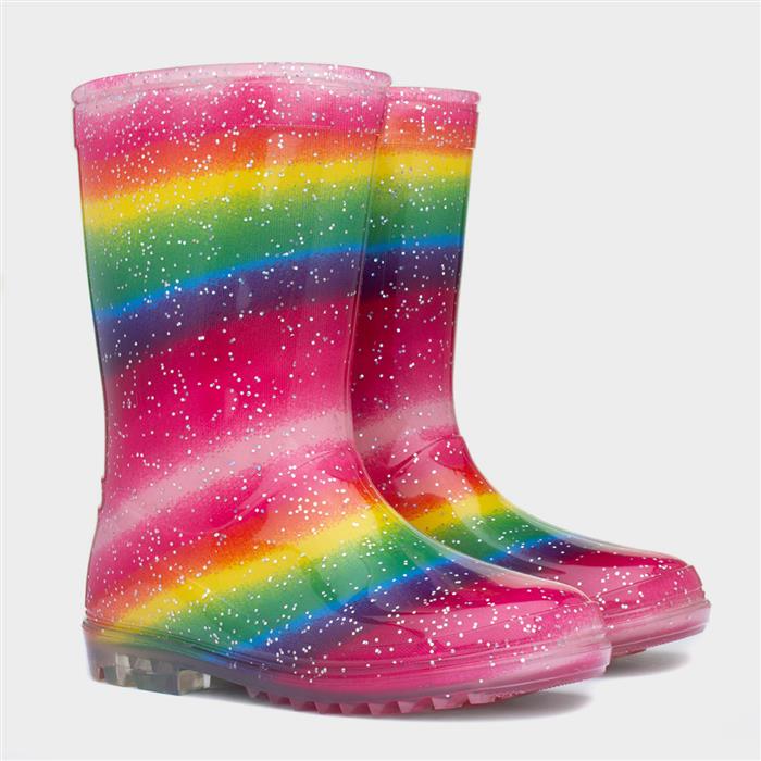 Girls Multi Rainbow Striped Glitter Welly
