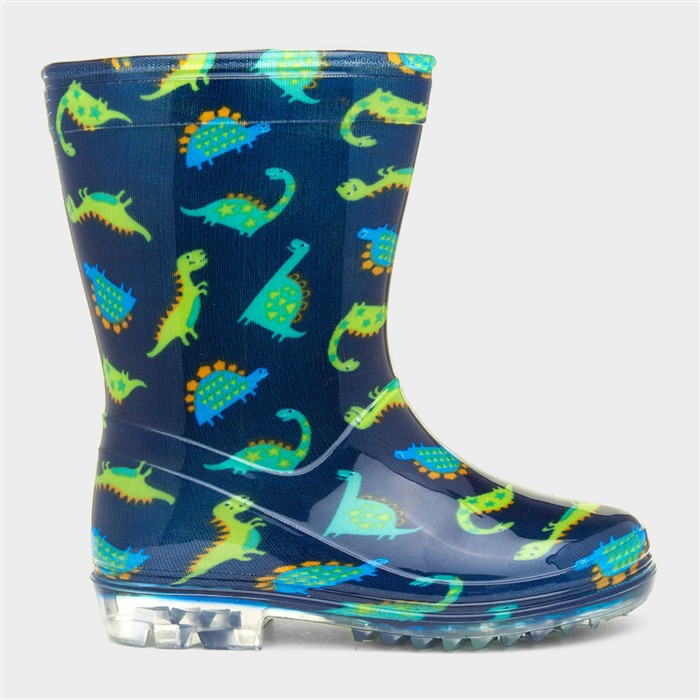 Boys Navy & Green Dinosaur Print Welly