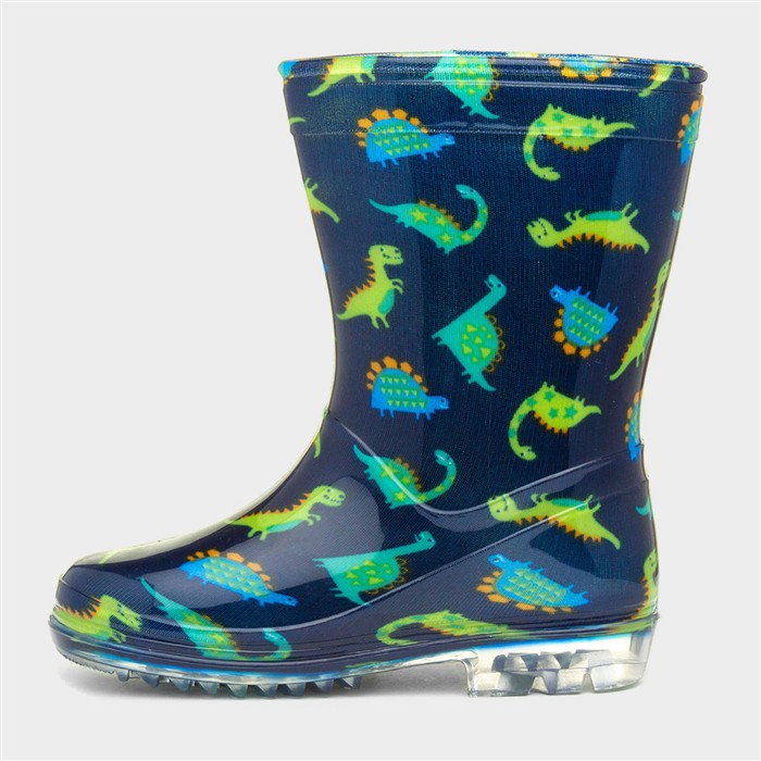 Boys Navy & Green Dinosaur Print Welly