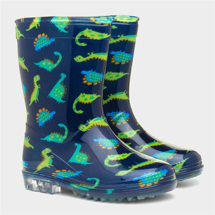 Boys Navy & Green Dinosaur Print Welly