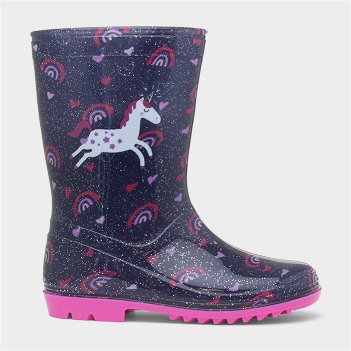 Girls Blue Glitter Unicorn & Rainbows Welly