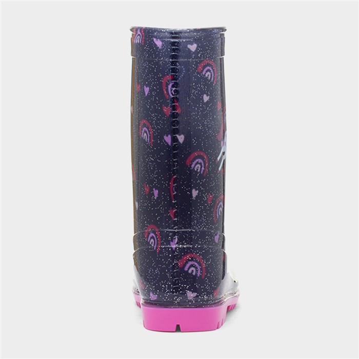 Girls Blue Glitter Unicorn & Rainbows Welly