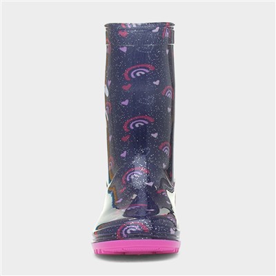 Girls Blue Glitter Unicorn & Rainbows Welly