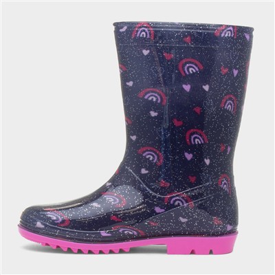 Girls Blue Glitter Unicorn & Rainbows Welly