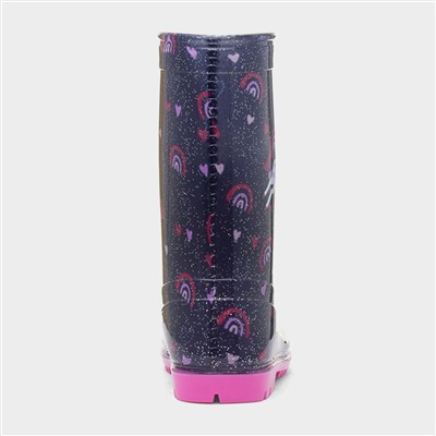 Girls Blue Glitter Unicorn & Rainbows Welly