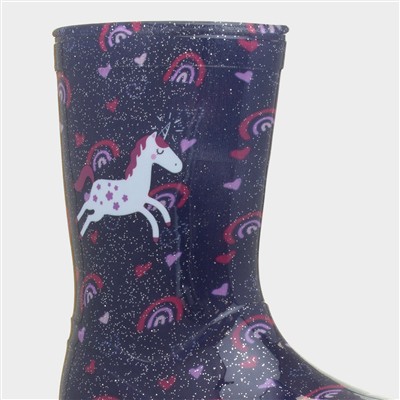 Girls Blue Glitter Unicorn & Rainbows Welly