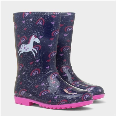 Girls Blue Glitter Unicorn & Rainbows Welly